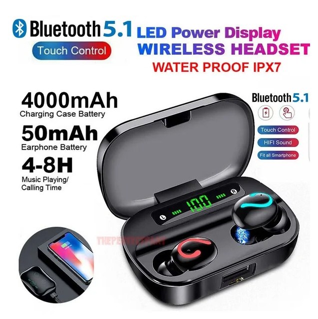 TWS Bluetooth 5.1 Earbuds, LED Power Display Charging Case, IPX7 Waterproof