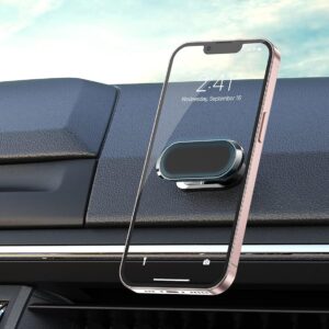 Magnetic car phone mount holding a phone on a car dashboard
