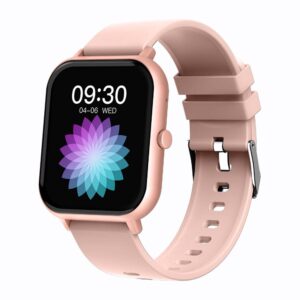 Pink square smartwatch with a silicone strap showing the time on screen