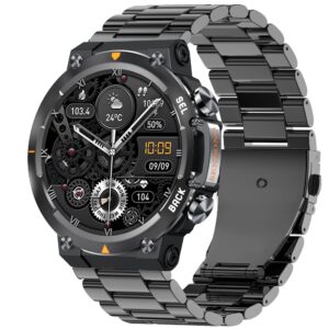 Rugged AMOLED smartwatch with a black metal link bracelet