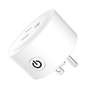 White WiFi smart plug with a circular power button, shown from the front