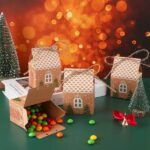 Kraft paper gift boxes shaped like little houses, tied with jute twine