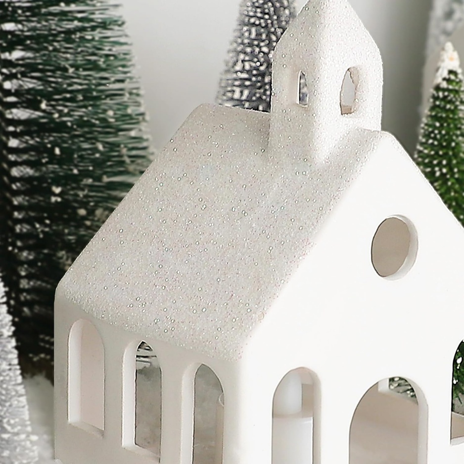 Lighted ceramic Christmas village with houses, trees and LED tea lights, view 4