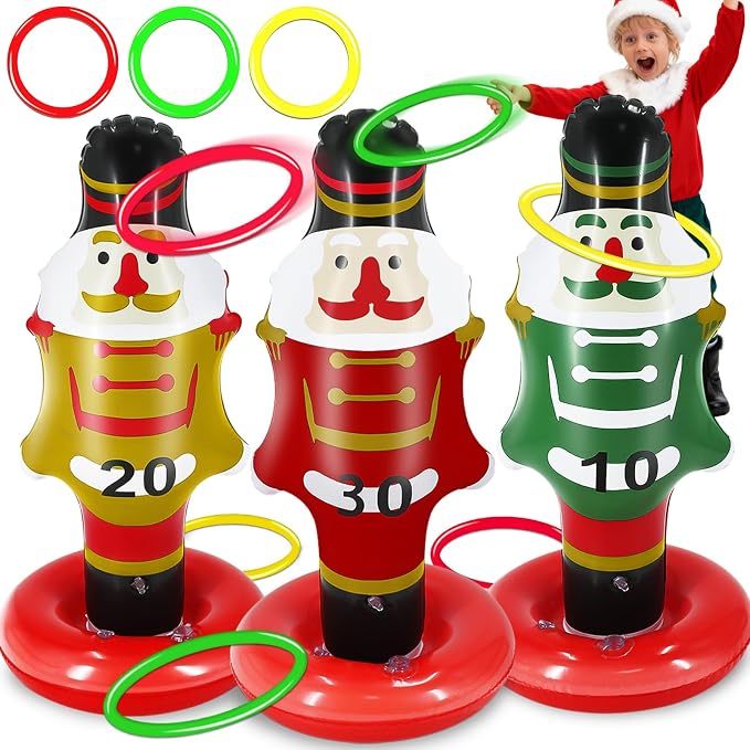 Inflatable nutcracker ring toss game with three targets and rings