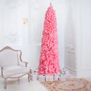 Slim pink pencil Christmas tree with densely packed branch tips