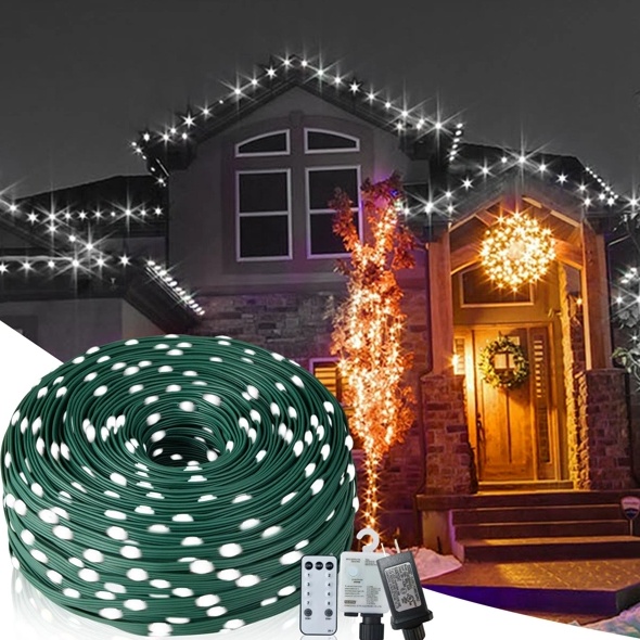 Long outdoor Christmas rope light coiled on its reel