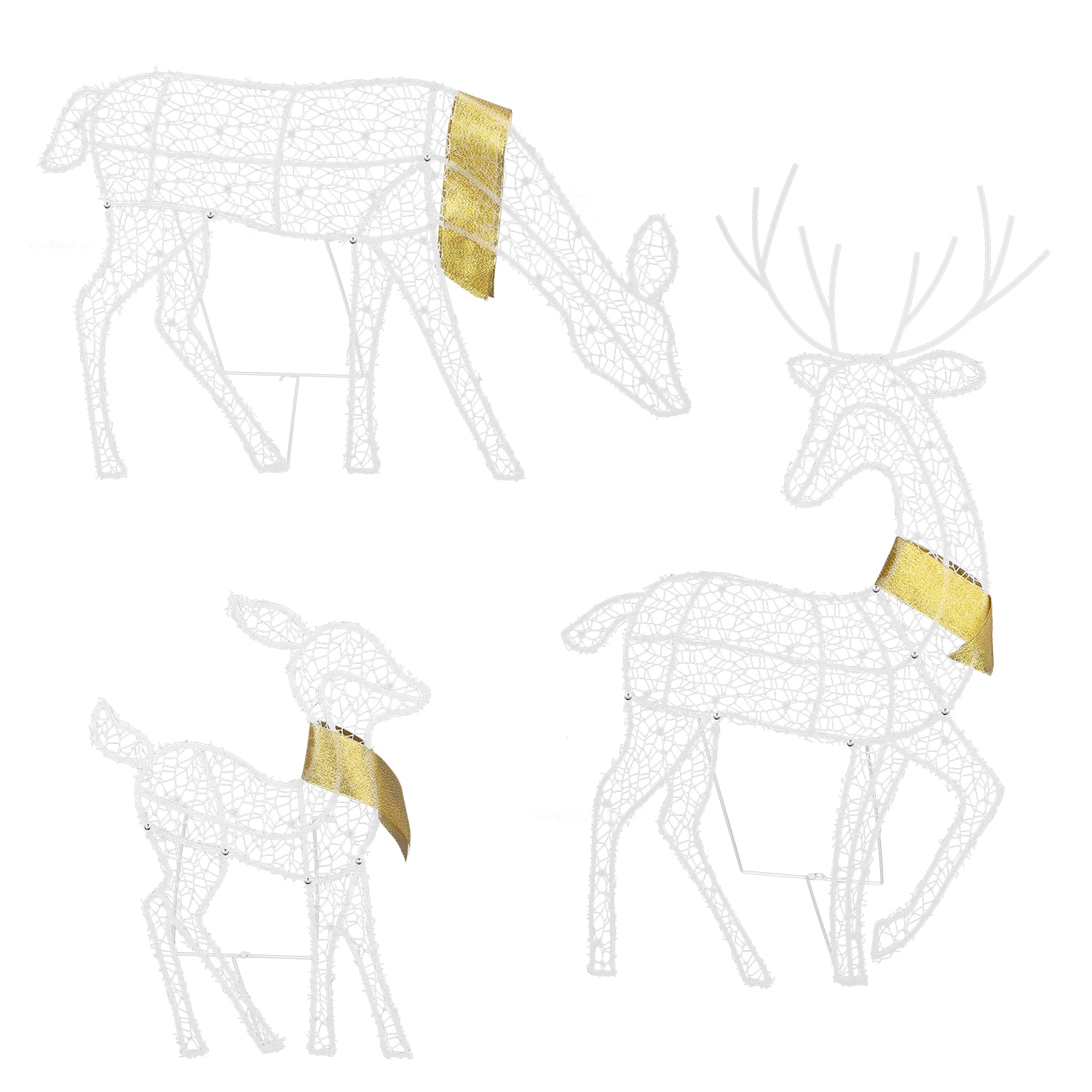 Three lighted reindeer figures forming a family yard display
