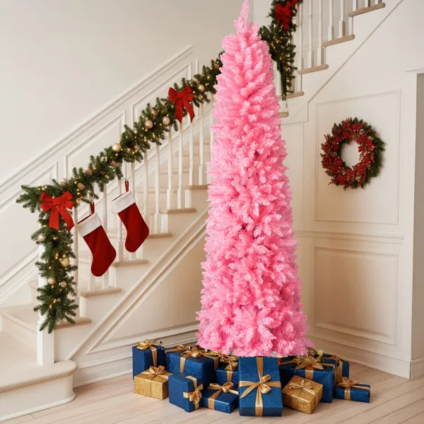 Slim pink pencil Christmas tree with densely packed branch tips, view 3