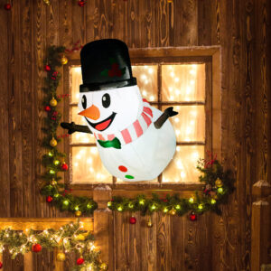 Hanging inflatable snowman for a window or wall, lit by LEDs