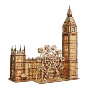Wooden 3D puzzle model of London with Big Ben and a ferris wheel