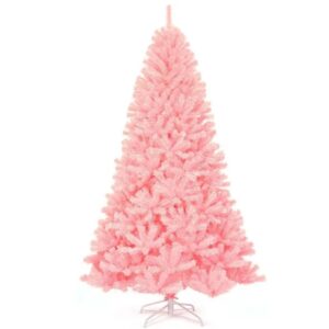 Pink artificial Christmas tree with a full hinged silhouette on a metal stand