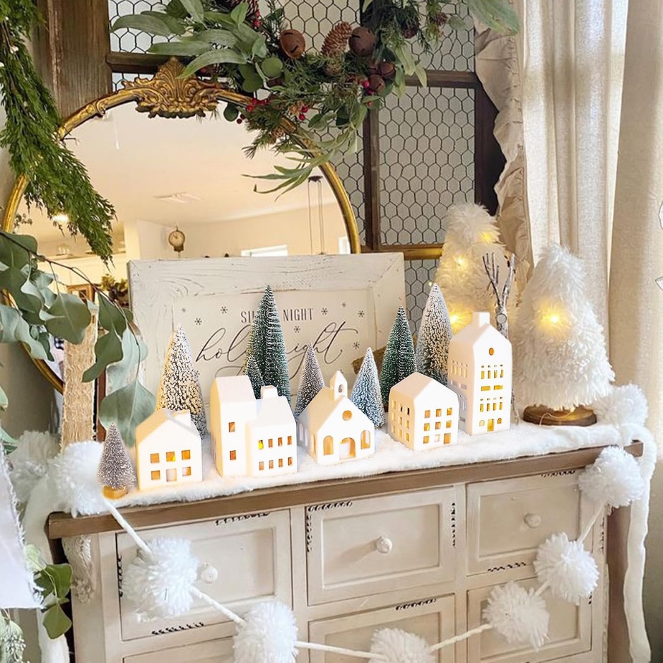 Lighted ceramic Christmas village with houses, trees and LED tea lights, view 2