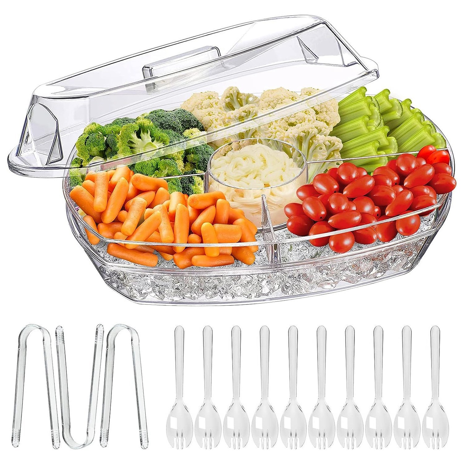 Chilled Serving Tray with Lid, 4 Compartments, for Fruit and Appetizers
