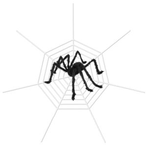 Large black hairy Halloween spider posed on a white stretch spider web