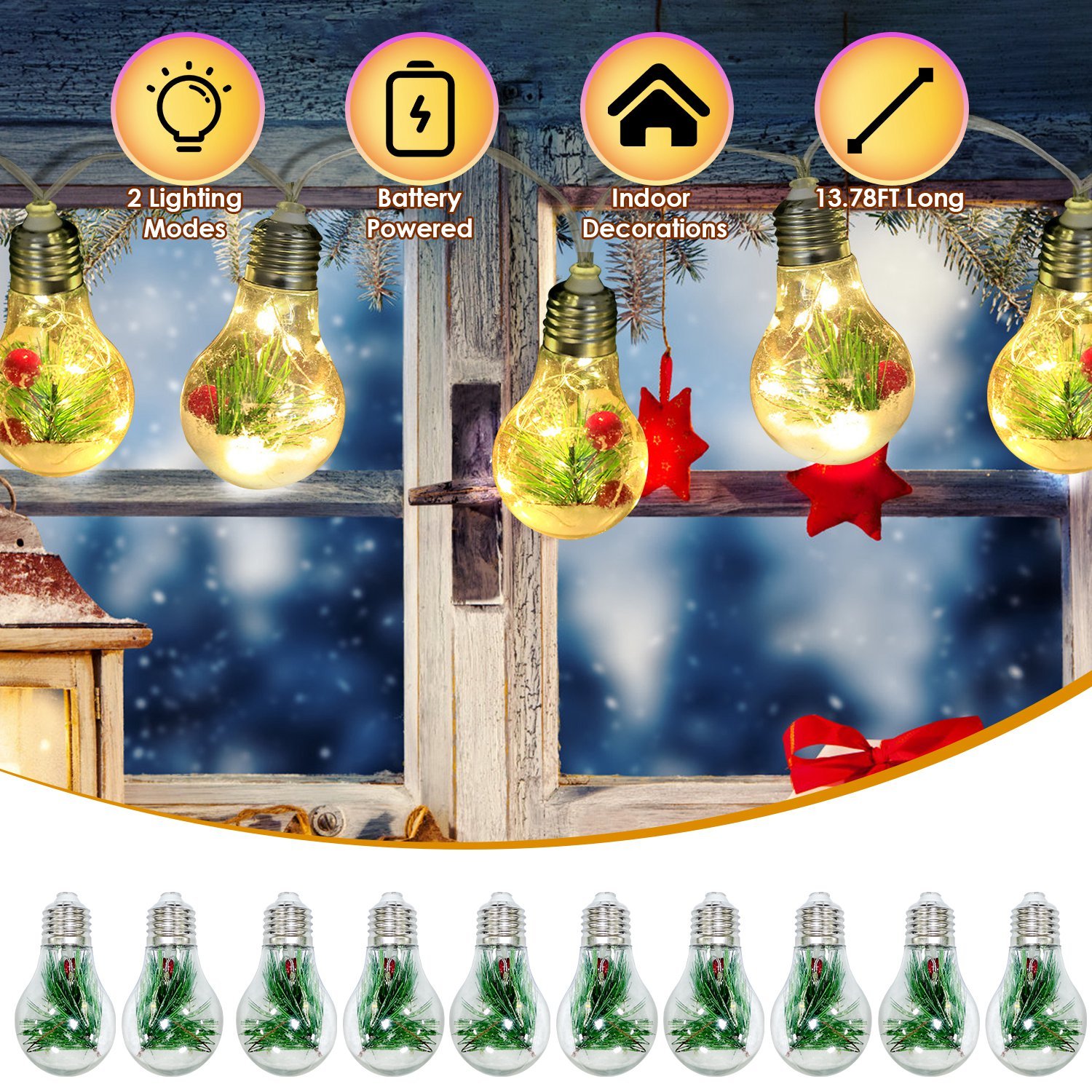 Battery powered string lights with ten small snow globes along the strand
