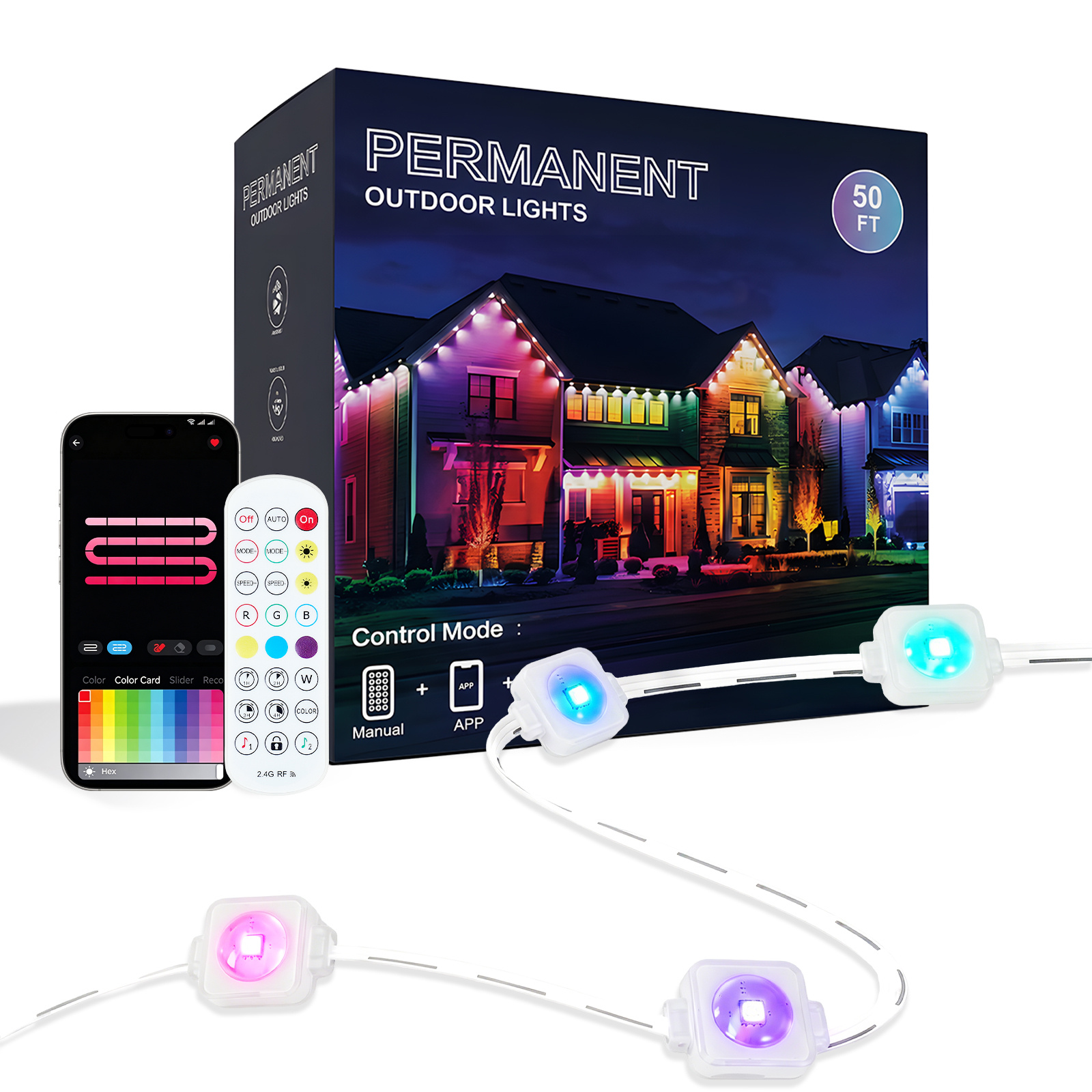 Smart RGB eaves lights running along a roof line, app and remote controlled