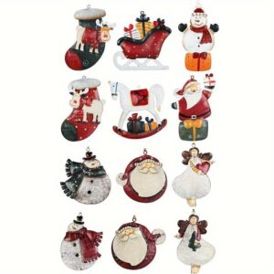 Resin Christmas ornaments featuring Santas, snowmen and sleighs