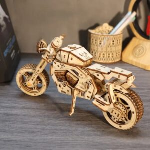 Wooden 3D puzzle kit that builds a model motorcycle