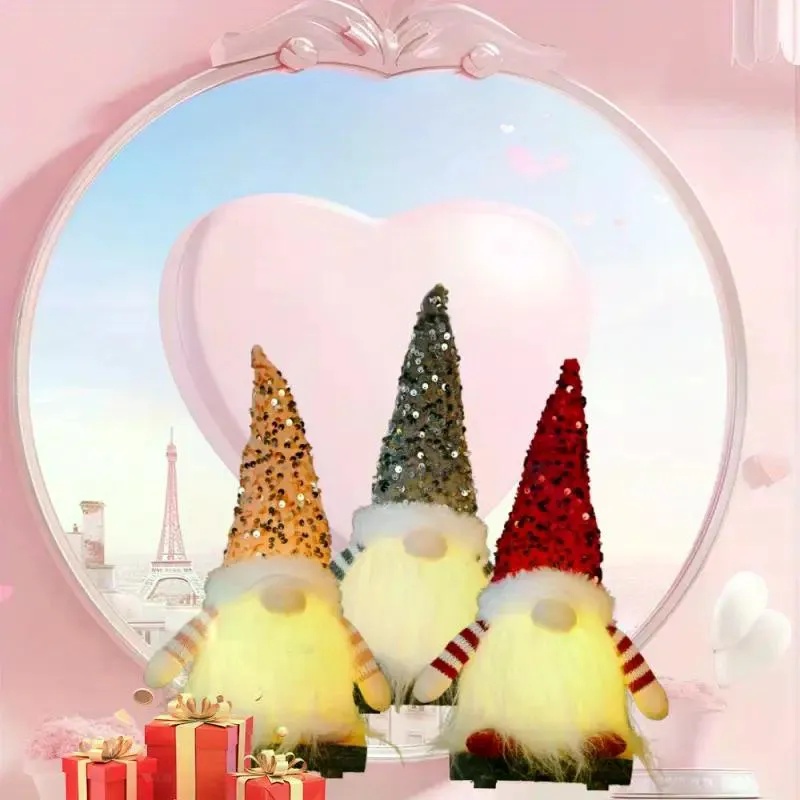 Light up gnome figures wearing glitter sequin hats, view 2
