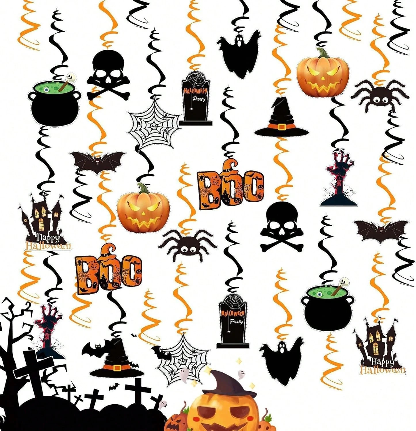 36-Piece Halloween Hanging Swirl Decorations with Ghosts, Pumpkins and Bats - Image 6