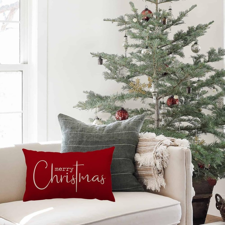 Red Merry Christmas lumbar pillow cover, view 4