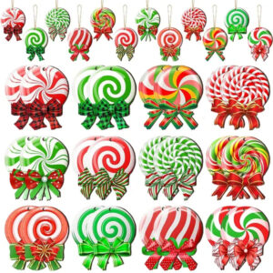 Wooden candy and lollipop shaped ornaments on rope hangers
