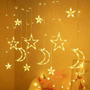 LED fairy curtain lights hung across a window