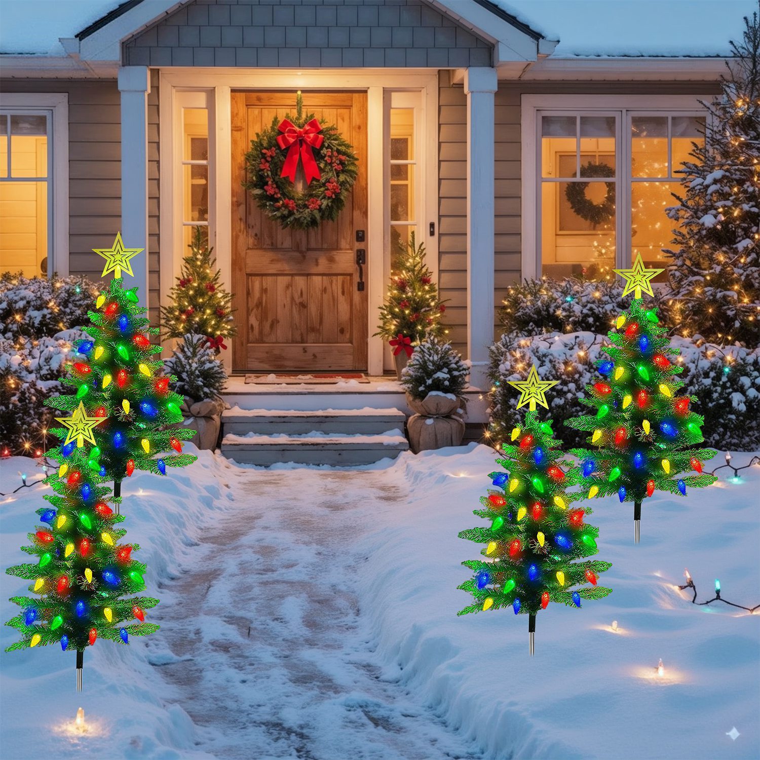 Pair of solar Christmas tree path lights with eight lighting modes, view 2