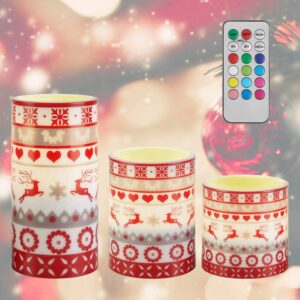 Flameless LED pillar candles with a reindeer motif, remote and timer