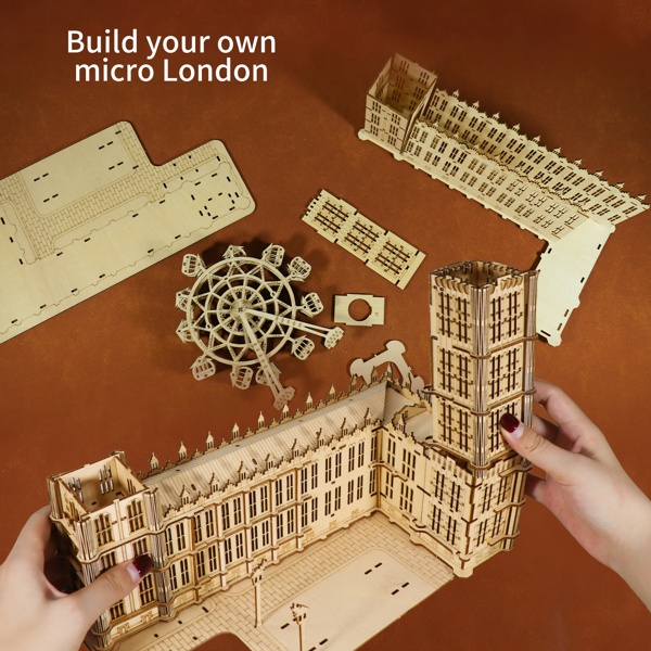 Wooden 3D puzzle model of London with Big Ben and a ferris wheel, view 2