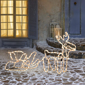 Lighted reindeer and sleigh motif on a steel frame
