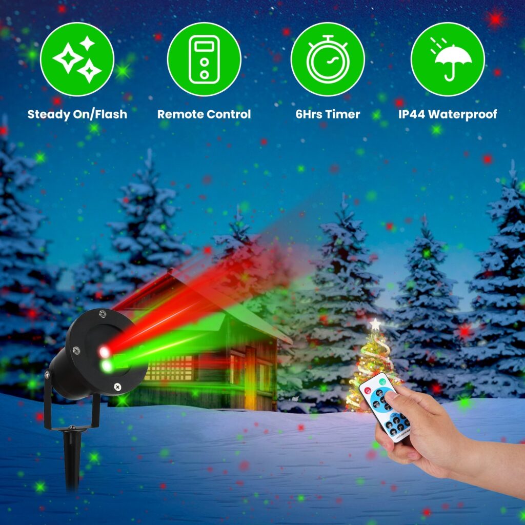 Red and green outdoor laser projector lighting up a house exterior and front yard