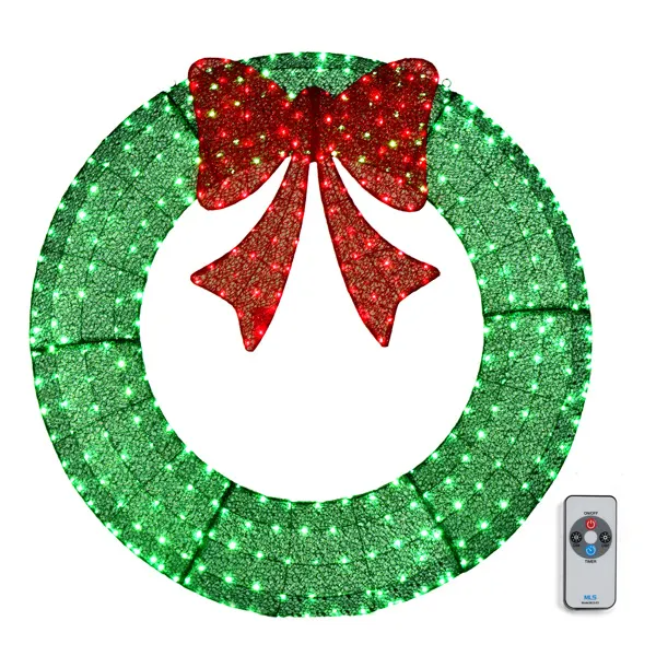 Pre-lit 48 inch Christmas wreath with a red glitter bow and its included remote control