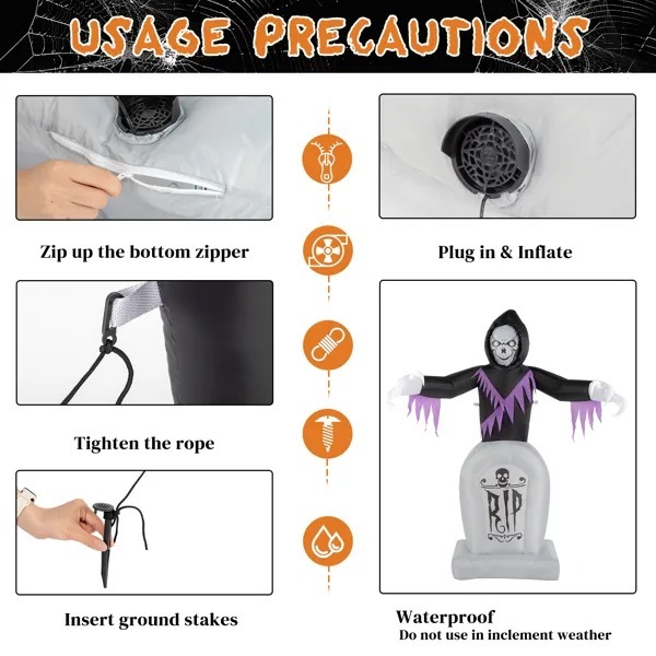 8 ft Grim Reaper and Grave Inflatable with LED String Lights, 3 Piece - Image 4