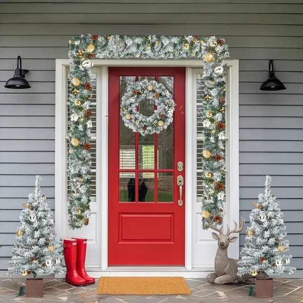 Snow flocked pre lit Christmas set with garland, wreath and two entrance trees, view 5