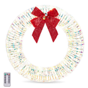 Iridescent metal Christmas wreath, pre lit and finished with a red bow