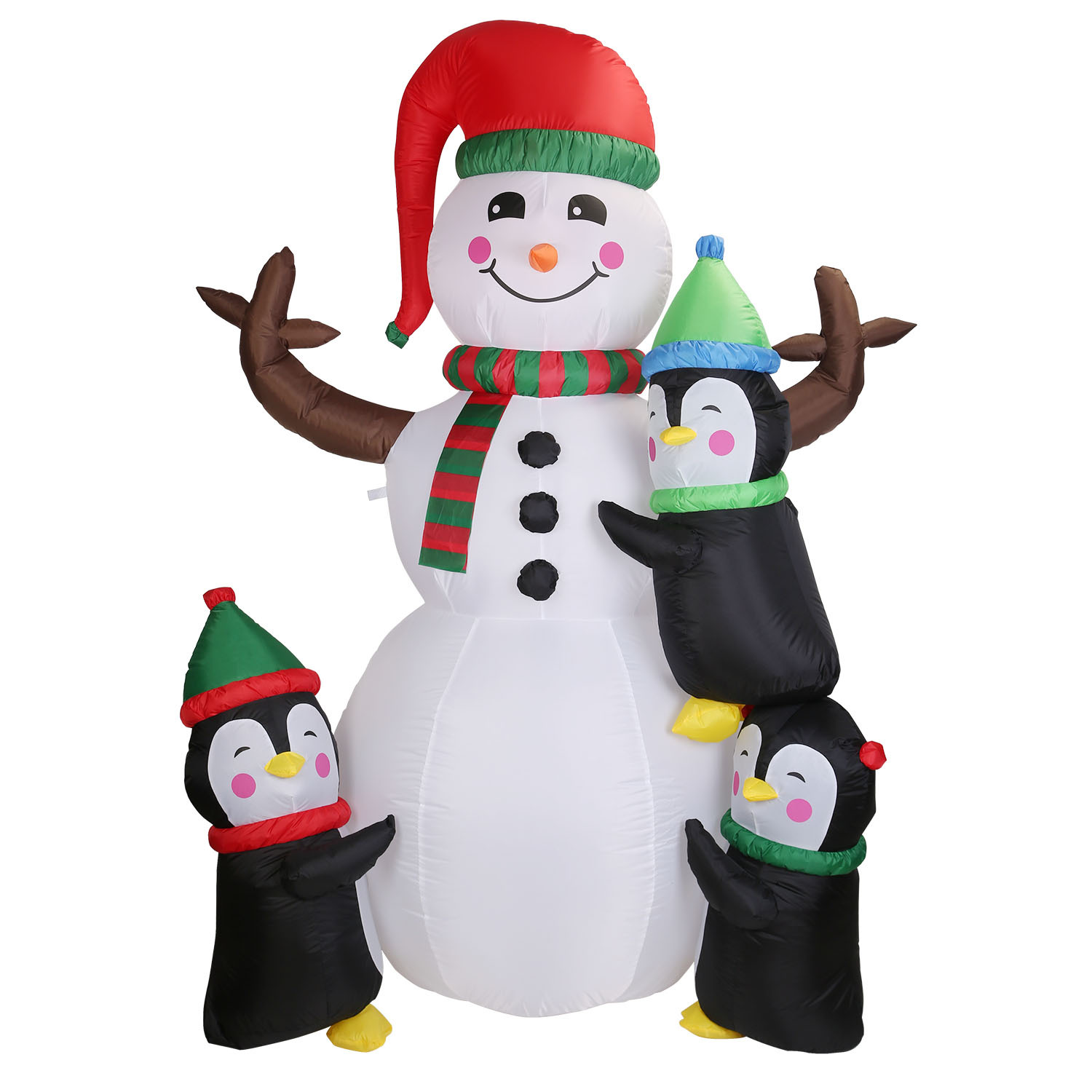 Inflatable snowman flanked by penguins, lit for the yard