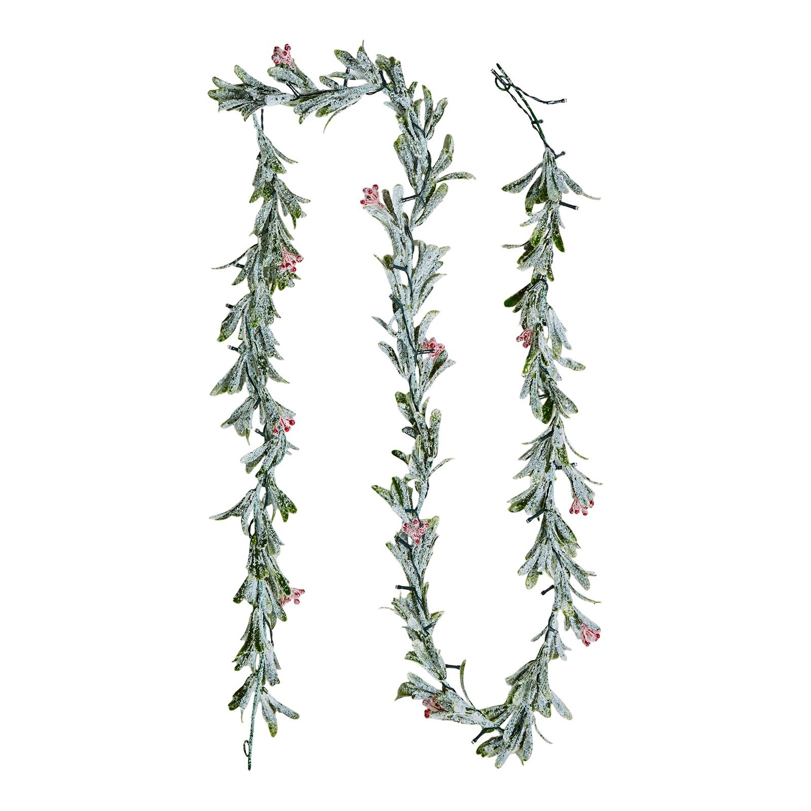Olive leaf Christmas garland with red berries and warm white LEDs