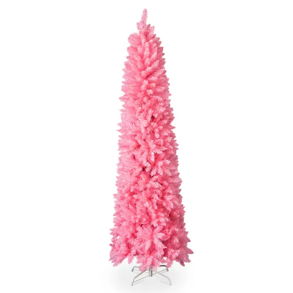 Slim pink pencil Christmas tree with densely packed branch tips, view 2