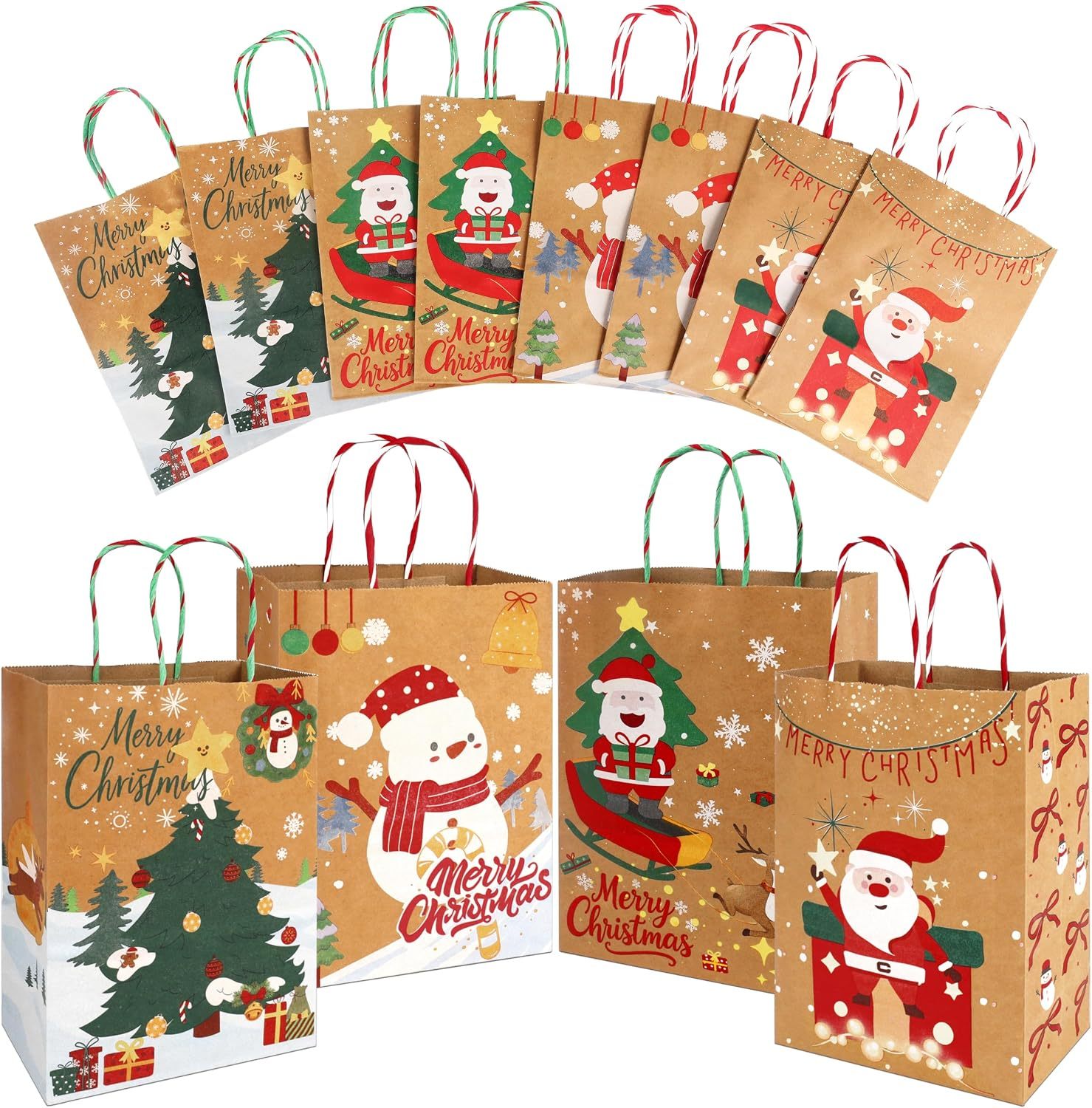Set of kraft Christmas gift bags with handles in assorted printed designs