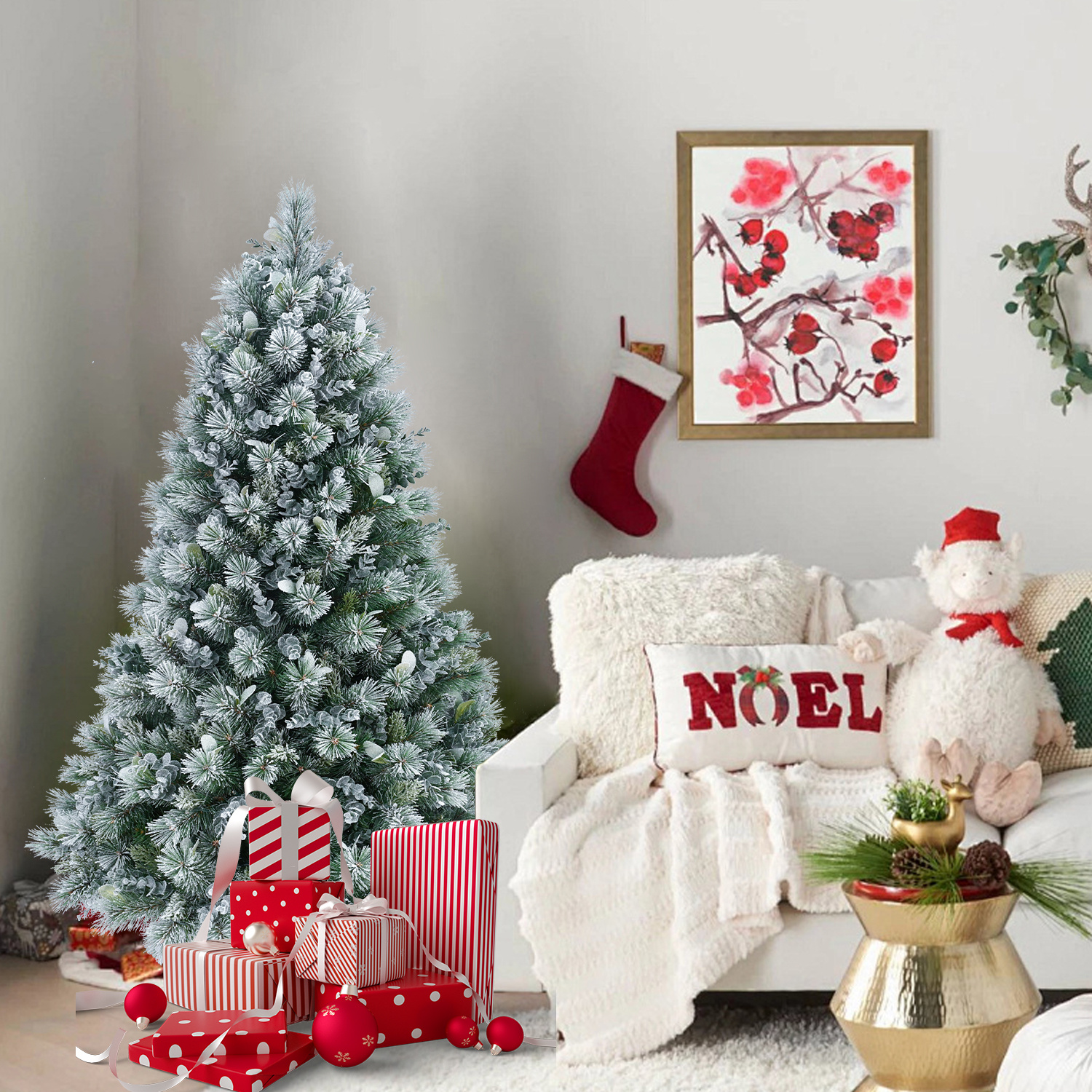 Snow flocked artificial Christmas tree with hard needle tips, view 3