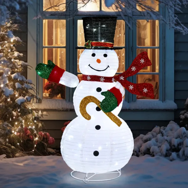 Collapsible pop up snowman lit with warm white LEDs, view 3