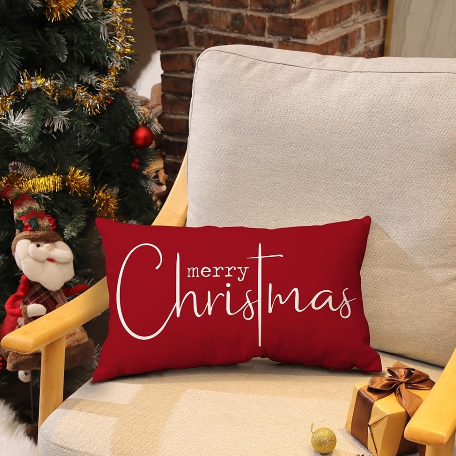 Red Merry Christmas lumbar pillow cover, view 3