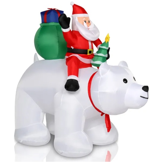 Inflatable Santa riding a polar bear, lit for a Christmas yard display, view 4