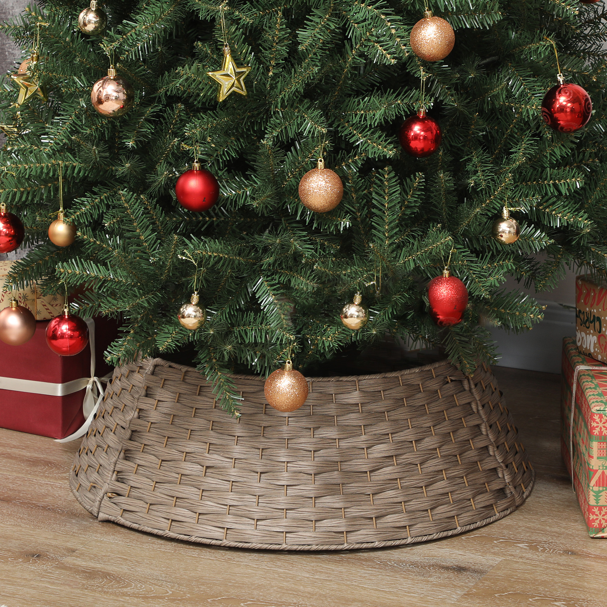 Woven Christmas tree collar in a rustic coffee brown finish, view 2