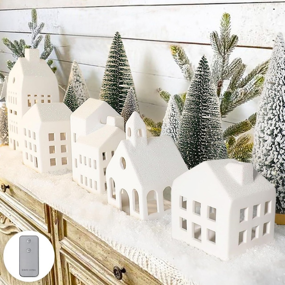 Lighted ceramic Christmas village with houses, trees and LED tea lights