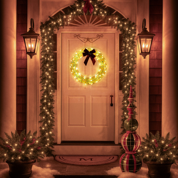Iridescent metal Christmas wreath, pre lit and finished with a red bow, view 4