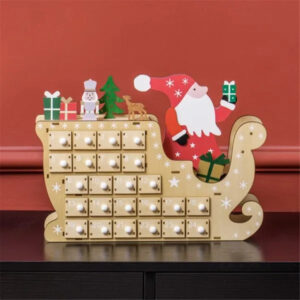 Wooden sleigh shaped advent calendar with 24 small drawers