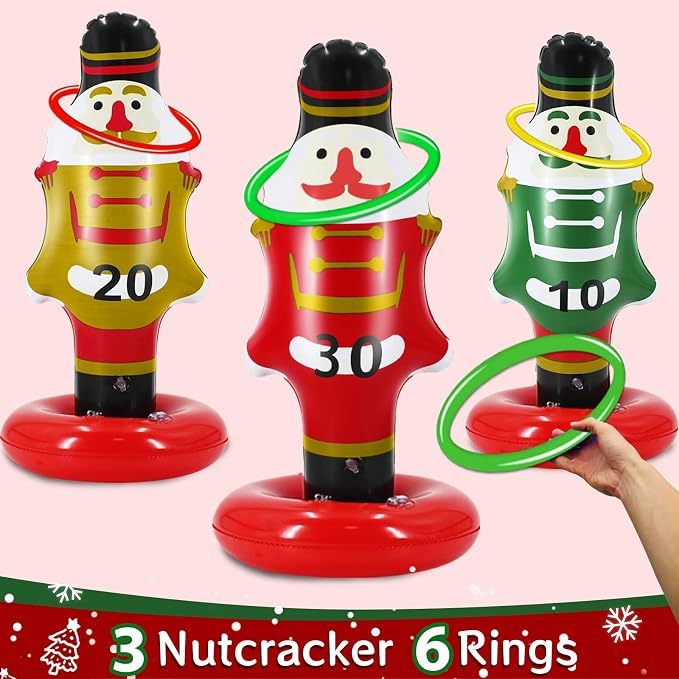 Inflatable nutcracker ring toss game with three targets and rings, view 2