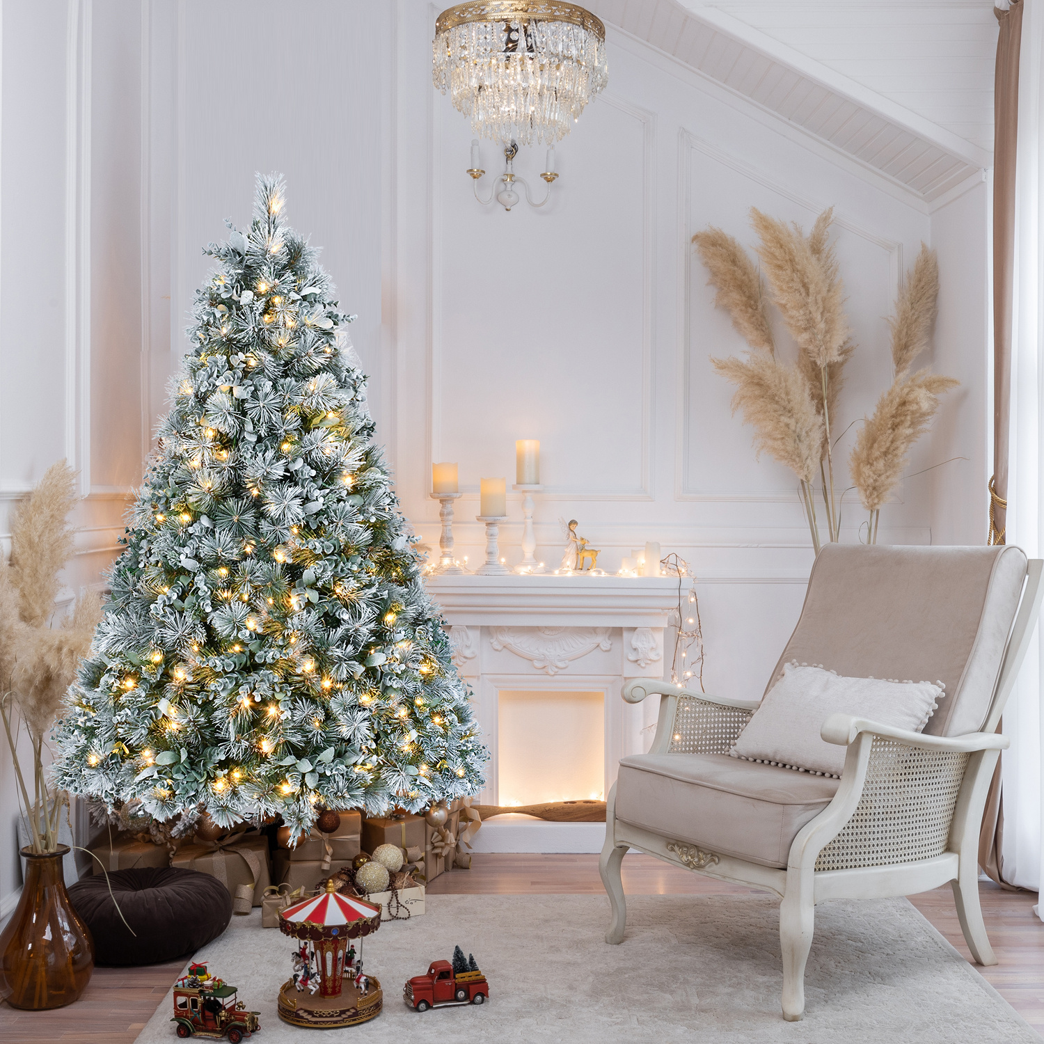 Snow flocked artificial Christmas tree with hard needle tips, view 4